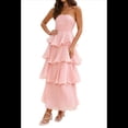 thumbnail image 3 of Vestido de Verano Sin Tirantes para Mujer, con Volantes, , Liso, Espalda Descubierta, Fruncido, Elegante, Fluido, para Playa. Rosa L, 3 of 10
