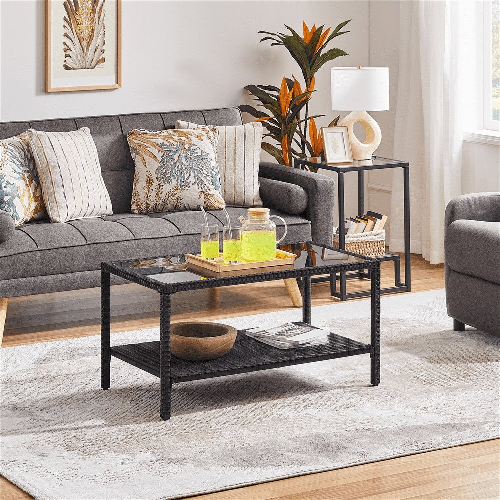 Renwick Outdoor Wicker Coffee Table with Storage Shelf, Black