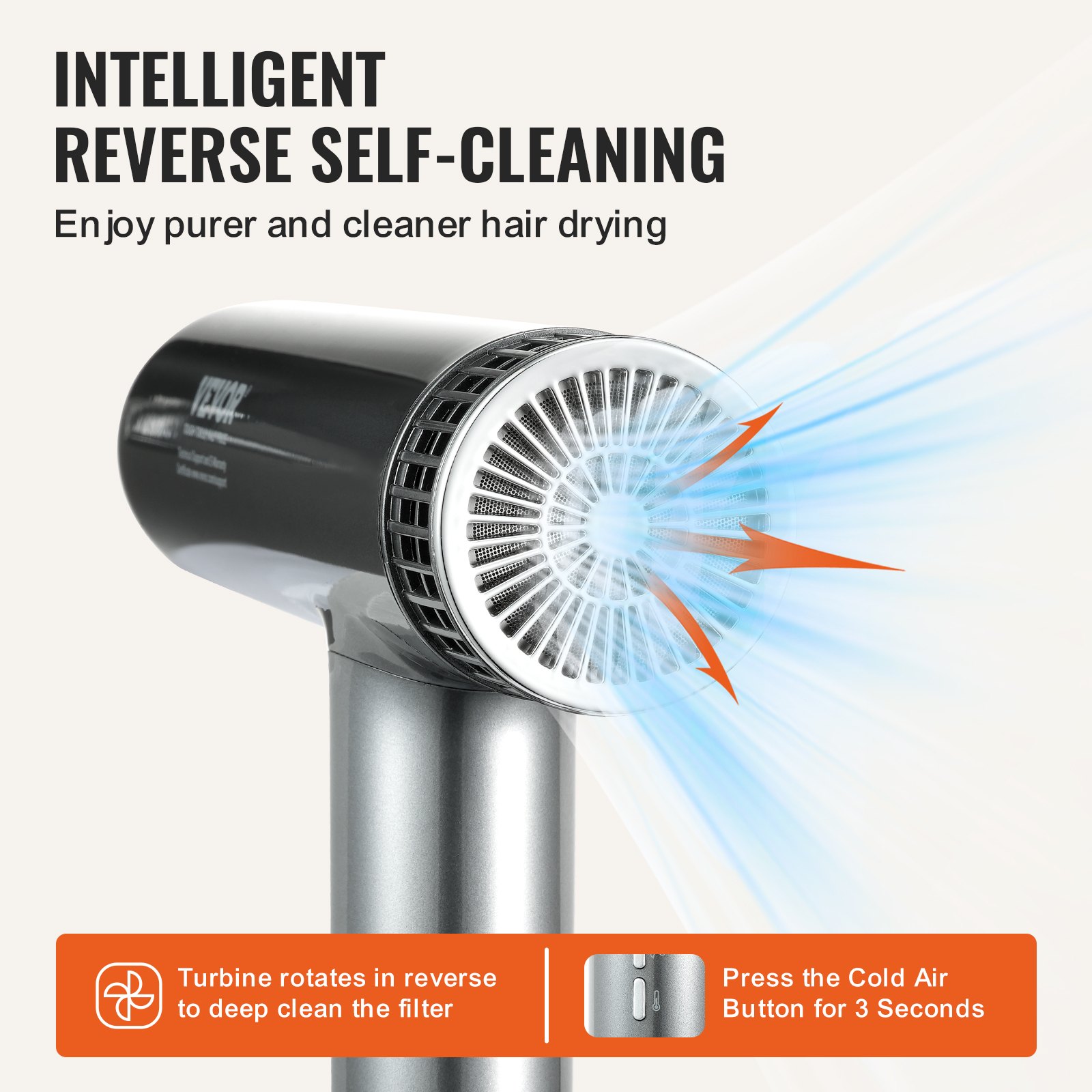 VEVOR Advanced Hair Dryer, 98000 RPM with 3 Million Negative Ions, 3 Temperature and Speed Settings, Professional Ionic Blow Dryer