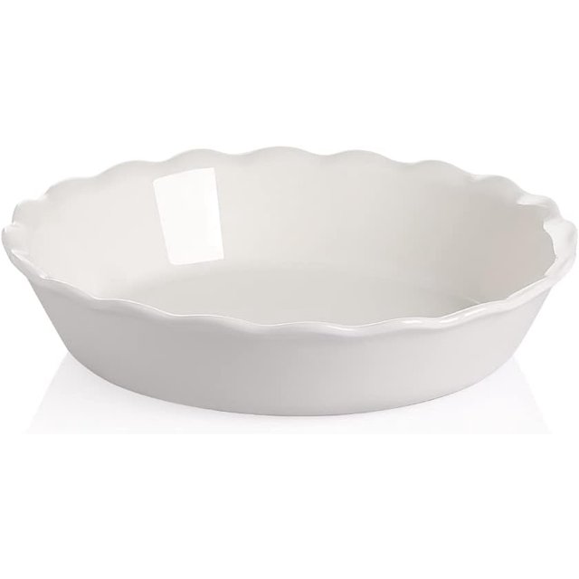 SWEEJAR Ceramic Pie Pan for Baking, 10 Inches Round Baking Dish for Dinner, Non-Stick Pie Plate with Soft Wave Edge for Apple Pie, Pumpkin Pie, Pot Pies (White)