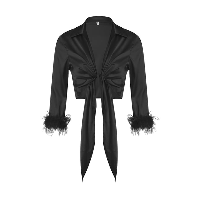 VISgogo Camisa de mujer, manga 3/4, cuello vuelto, puños esponjosos, blusa con lazo frontal, blusas de fiesta para club VISgogo moda