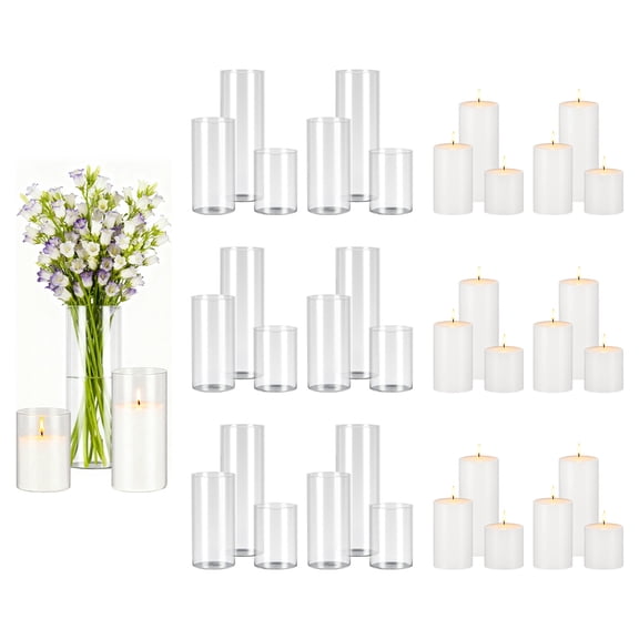 KFFKFF Set of 36 Pillar Candles and Glass Vases, Clear Cylinder Hurricane Candle Holders for Table Decorations, Ideal for Weddings, Parties, Thanksgiving, White (3.4" x 4.7", 7.1", 9.8")