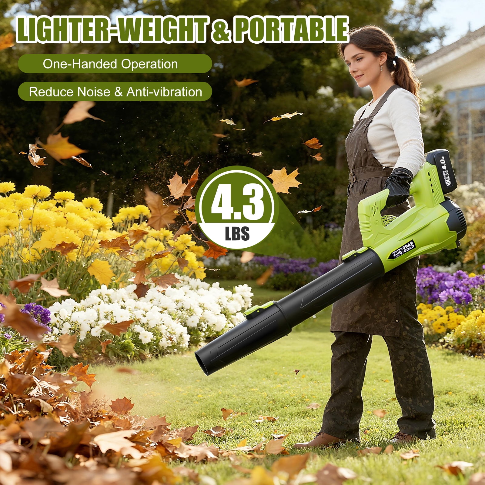 Leaf Blower Cordless Lightweight Electric with 2 4.0Ah Battery and Charger, Portable Handheld for Lawn Care, Garden, Patio, Yard