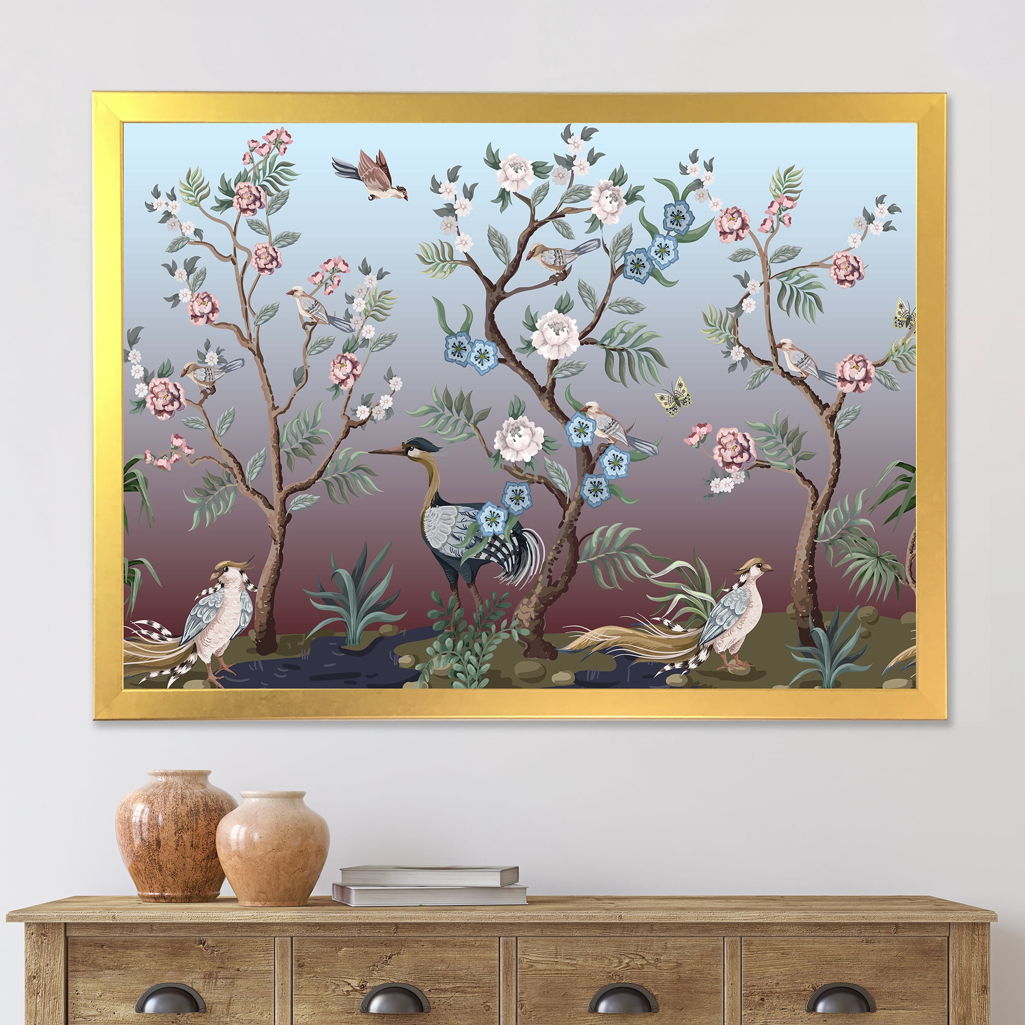 Designart 'Chinoiserie With Peonies and Birds XI' Traditional Framed Art Print