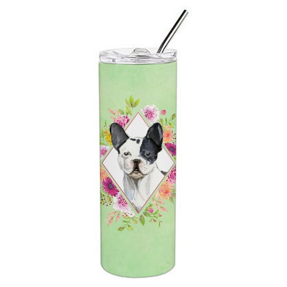 Black and White Frenchie Green Flowers Double Walled Stainless Steel 20 oz Skinny Tumbler