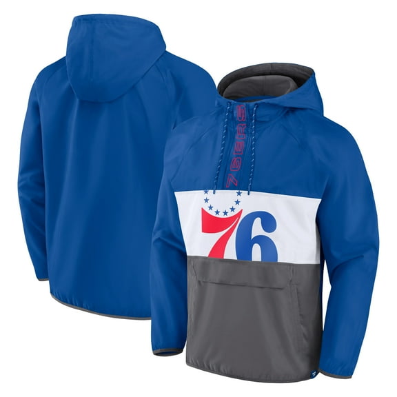 Men's Fanatics Royal/Gray Philadelphia 76ers Anorak Flagrant Foul Color-Block Raglan Hoodie Half-Zip Jacket