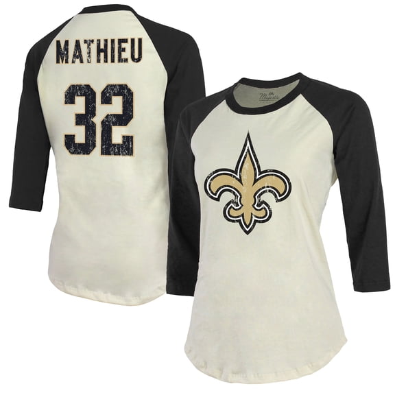 Women's Majestic Threads Tyrann Mathieu Cream New Orleans Saints Player Name & Number Tri-Blend Three-Quarter Sleeve