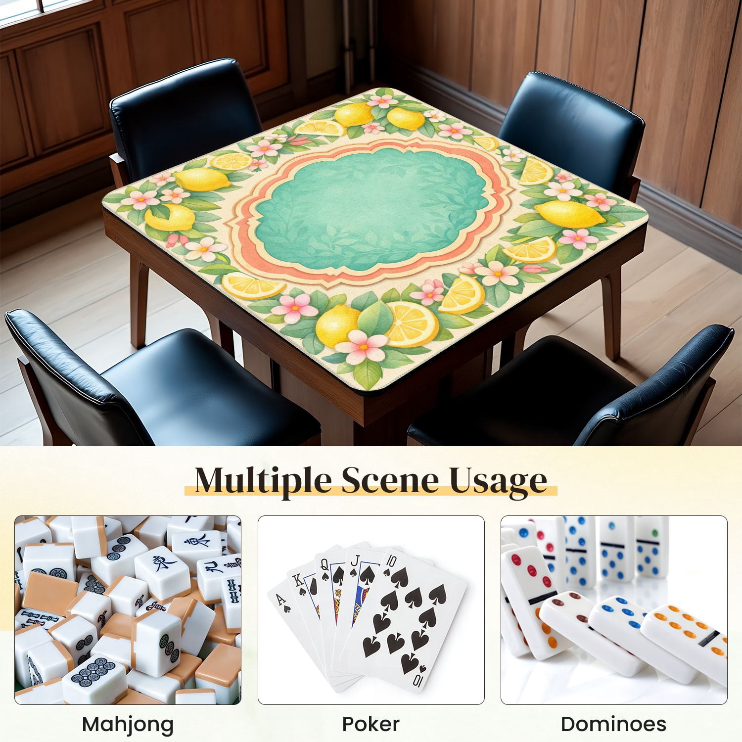 Mahjong Mat 31.5" x 31.5" Lemon Pink Flower Border Green Leaves Ornamental Frame Non-Slip Noise Reduction Mahjong Tiles Table Cover for Dominoes Poker Card Board and Tile Games