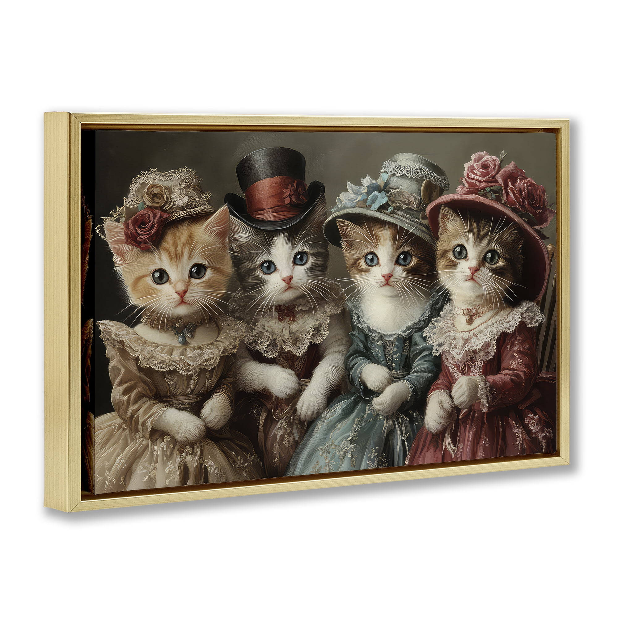 Stupell Industries Vintage Dress Kittens Gold Framed Floater Canvas Wall Art, design by The Wands Want