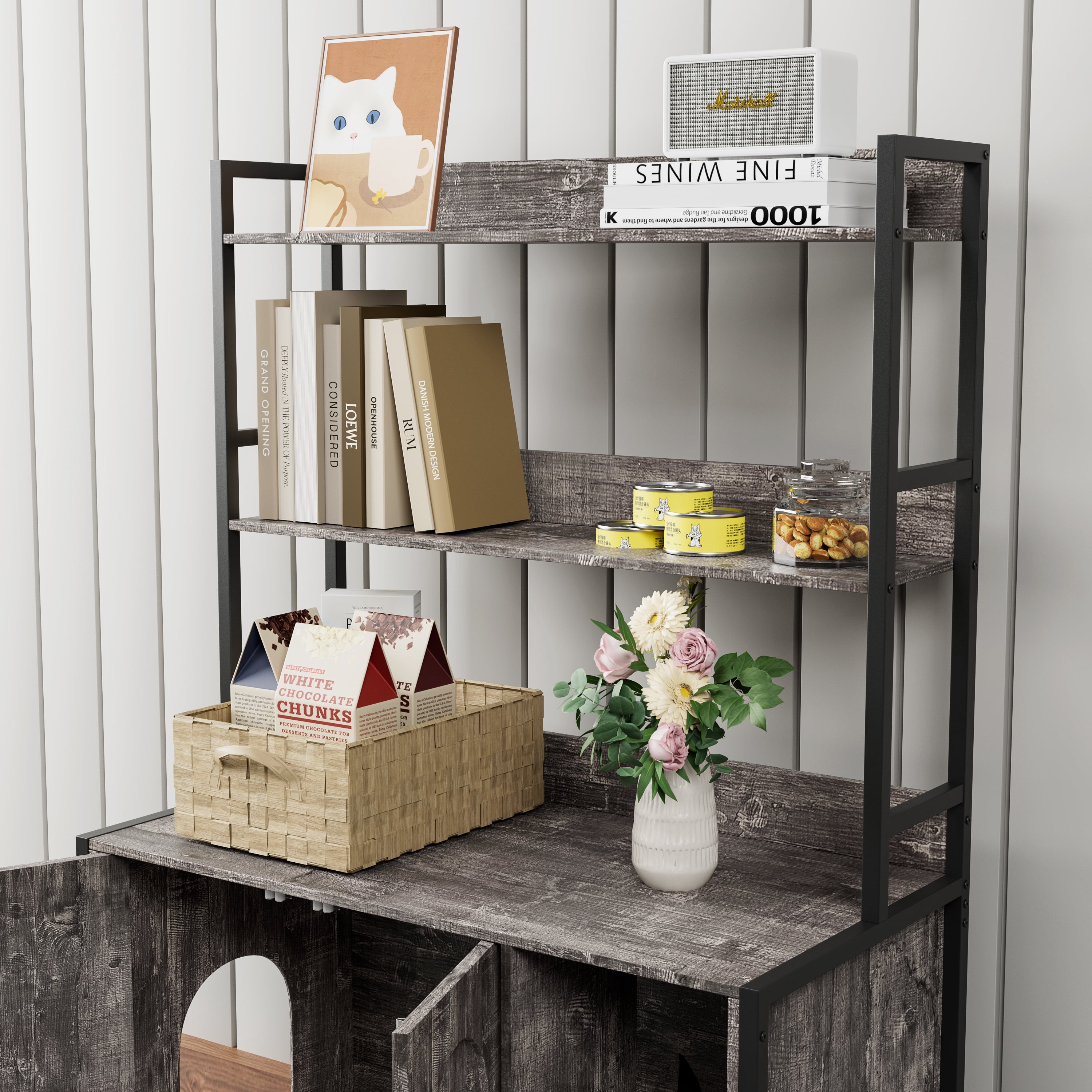 ZephyPaws Litter Box Enclosure with 3 Shelves and Doors,Large Wood Cat Litter Box Furniture Hidden with Storage,Fit Most of Litter Box,Grey