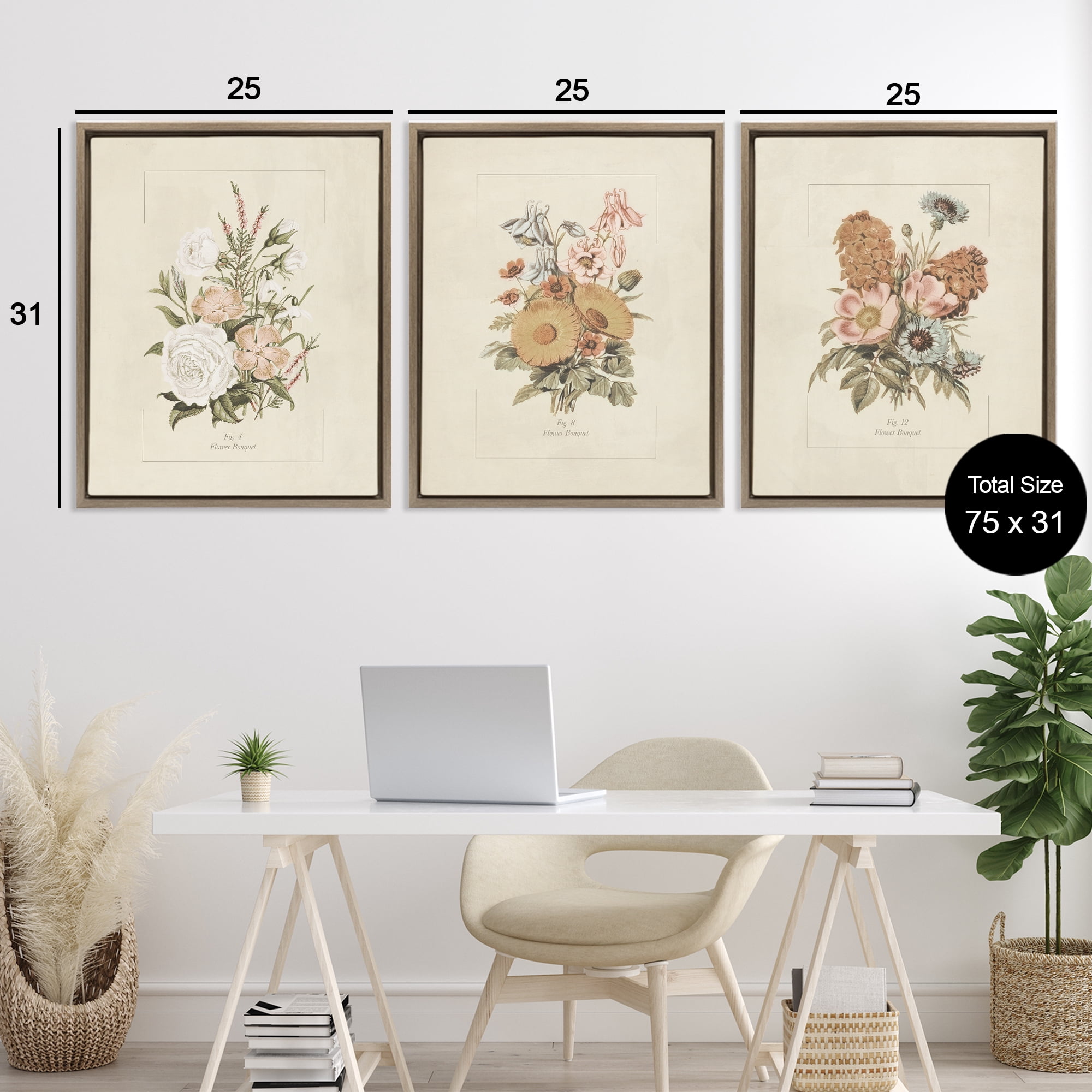 Stupell Industries Neutral Bouquet Studies 3 Piece Brown Framed Floater Canvas Set, design by Dan Meneely
