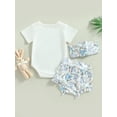 thumbnail image 2 of SUNSIOM Easter Infant Girls Clothes Suits Letter Print Short Sleeve Crew Neck Romper Rabbit Floral Print Shorts Bow Headband 3Pcs Sets, 2 of 6