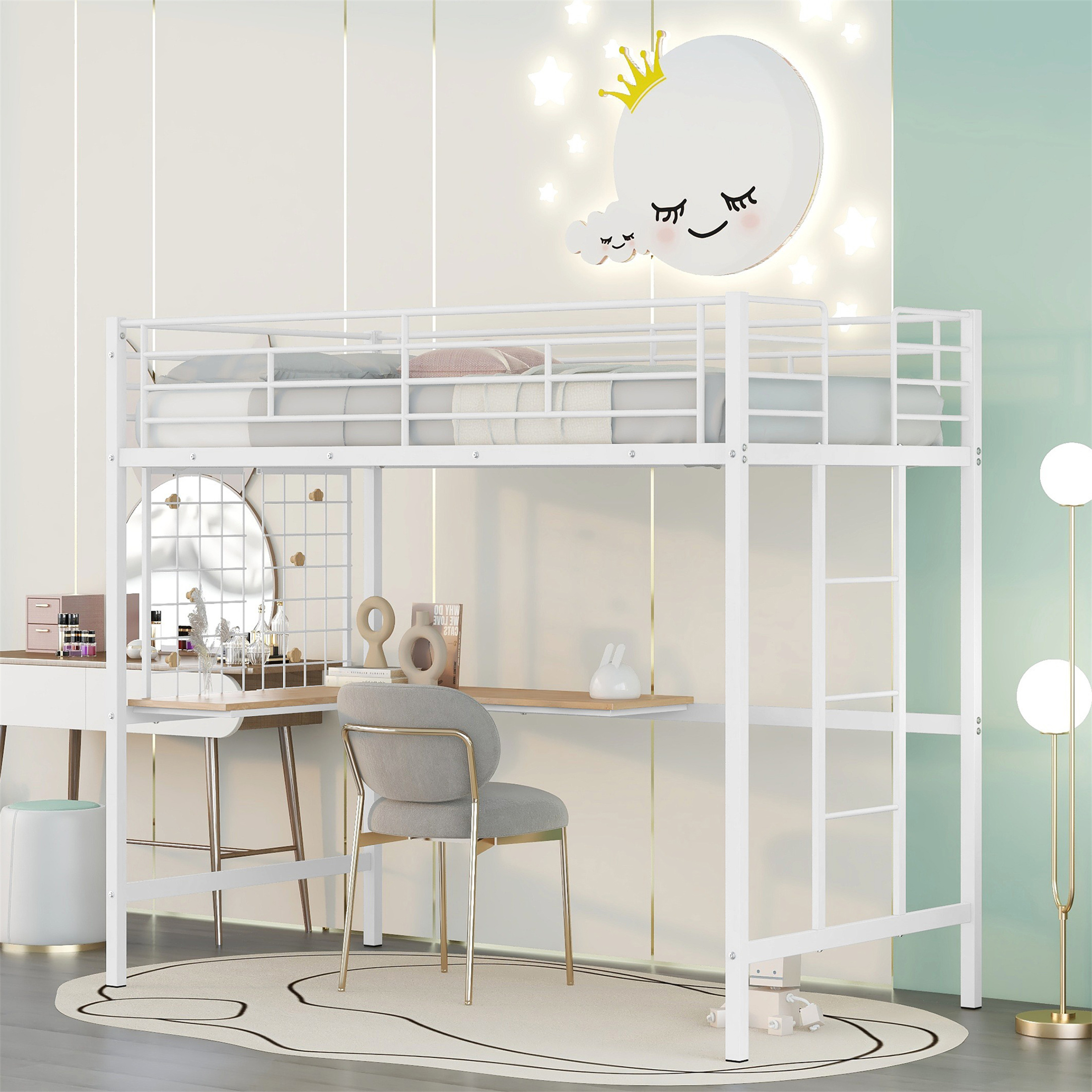 Aukfa Twin Loft Bed with L Shape Desk, Heavy Duty Metal Bed Frame for Kids Teens, White