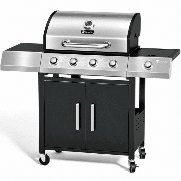 KingChii 4-Burner Propane Gas Grill with Side Burner and Side Table, Stainless Steel Outdoor BBQ Grill for Camping Patio Cooking
