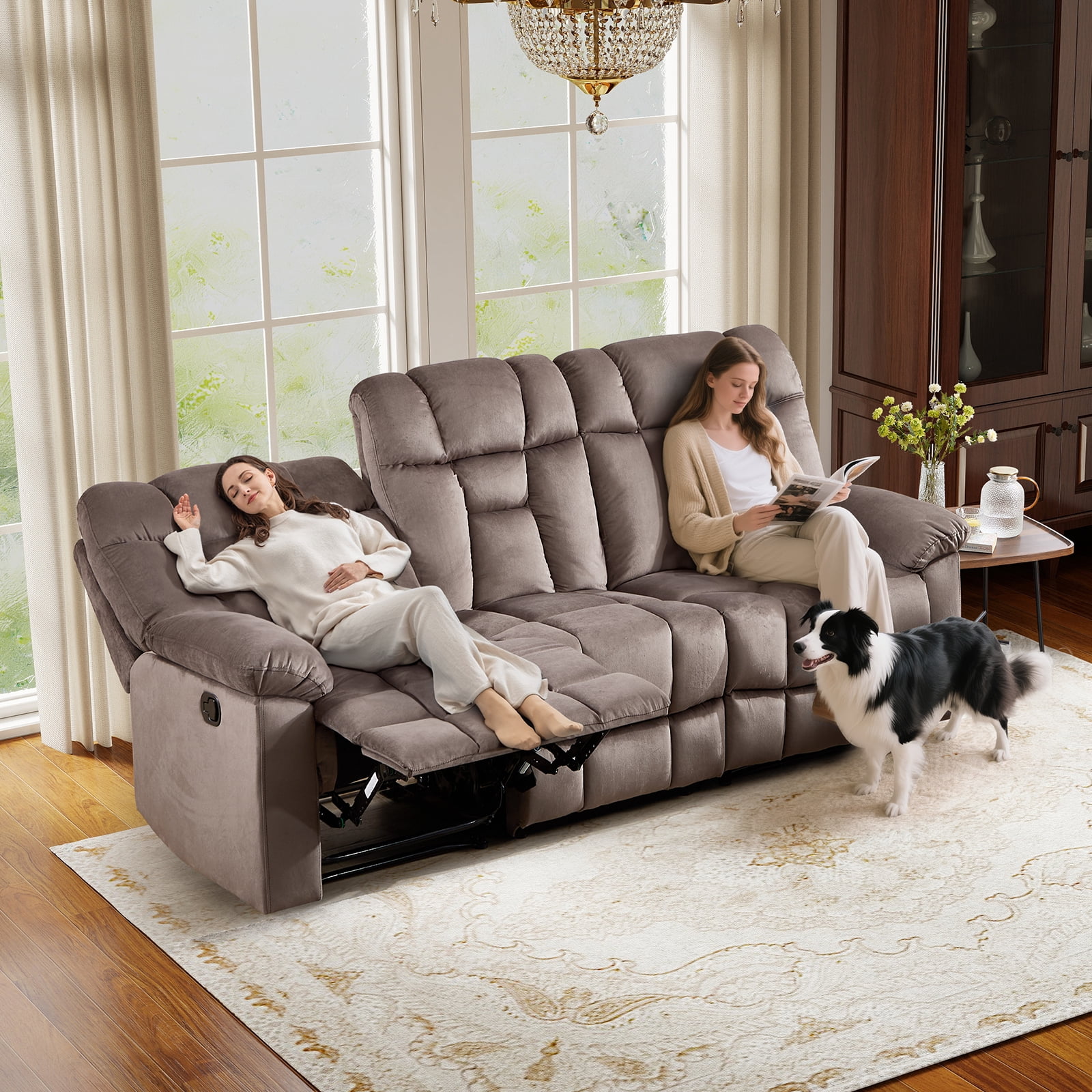 Bonzy Home 3 Seat Reclining Sofa, Manual Recliner Couch for Living Room Wide Backrests & Headrests, Brown