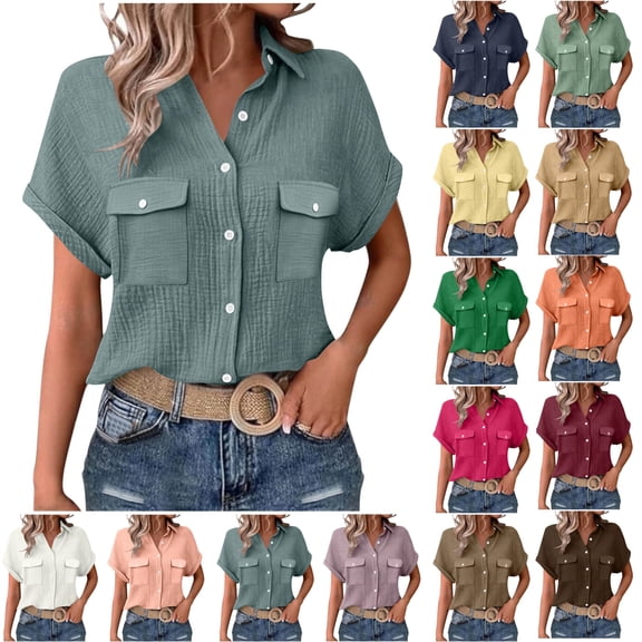 100% Cotton Blouses for Women Dressy Casual Button Down Short Sleeve Collared Shirts Solid Color Summer Tops With Pockets,Size S-2XL