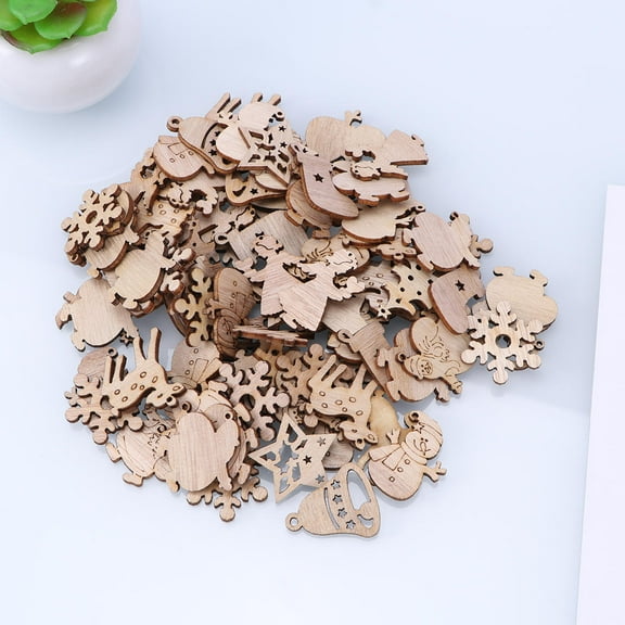 HOOWIFFY 100pcs Mini Wooden Ornaments Cartoon Shapes Painting Craft Supplies Christmas Tree Decorations