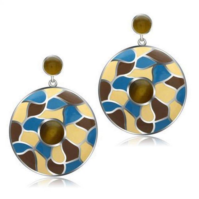 High Polished No Plating Stainless Steel Earrings with Synthetic Cat Eye, Brown