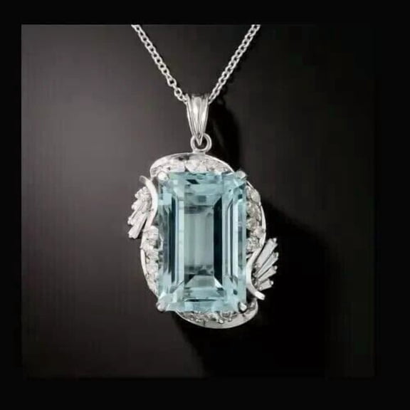 3Ct Emerald Cut Lab-Created Aquamarine Women Pendant 14K White Gold Plated
