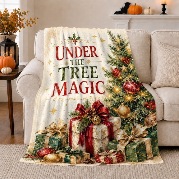 Christmas Tree Wrapped Presents Under Tree Magic Retro, Festive Holiday Scene, Warm Flannel Blanket for Living Room and Reading Nook, Art Lovers Christmas Gift, Festive Home Decor