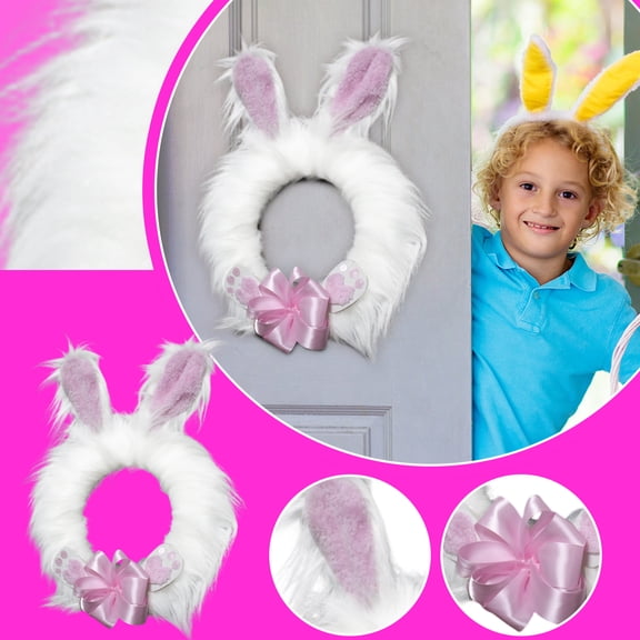 JuWDoc Easter Door Decorations Wreath Easter Outdoor Wreath Easter Door Wreaths Easter Bunny Shaped Wreath Easter Bunny Wreaths for Front Door 17.7IN