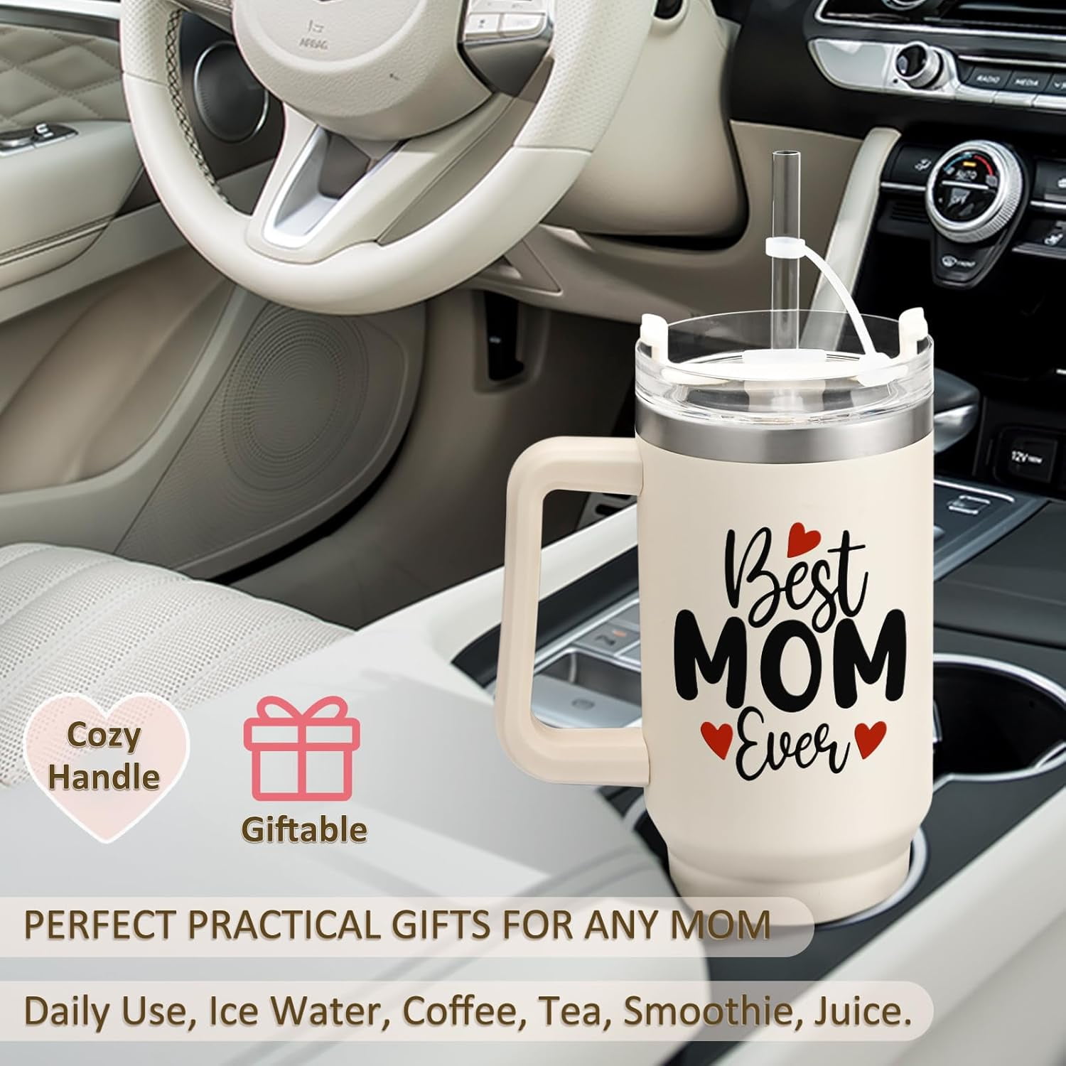 Mom Christmas Gifts, 40 Oz Best Mom Ever Tumbler Gifts for Mom, Funny Unique Popular Christmas Gifts for Mom Wife, Christmas Presents Gifts Ideas for Women(Cream)