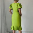 thumbnail image 6 of Trendy SMihono Women's 2025 Sexy Bodycon Dress Elegant Solid Color Puff Short Sleeve with Ruffle Hem Dress Going Out Knee Length Dresses Green M, 6 of 9
