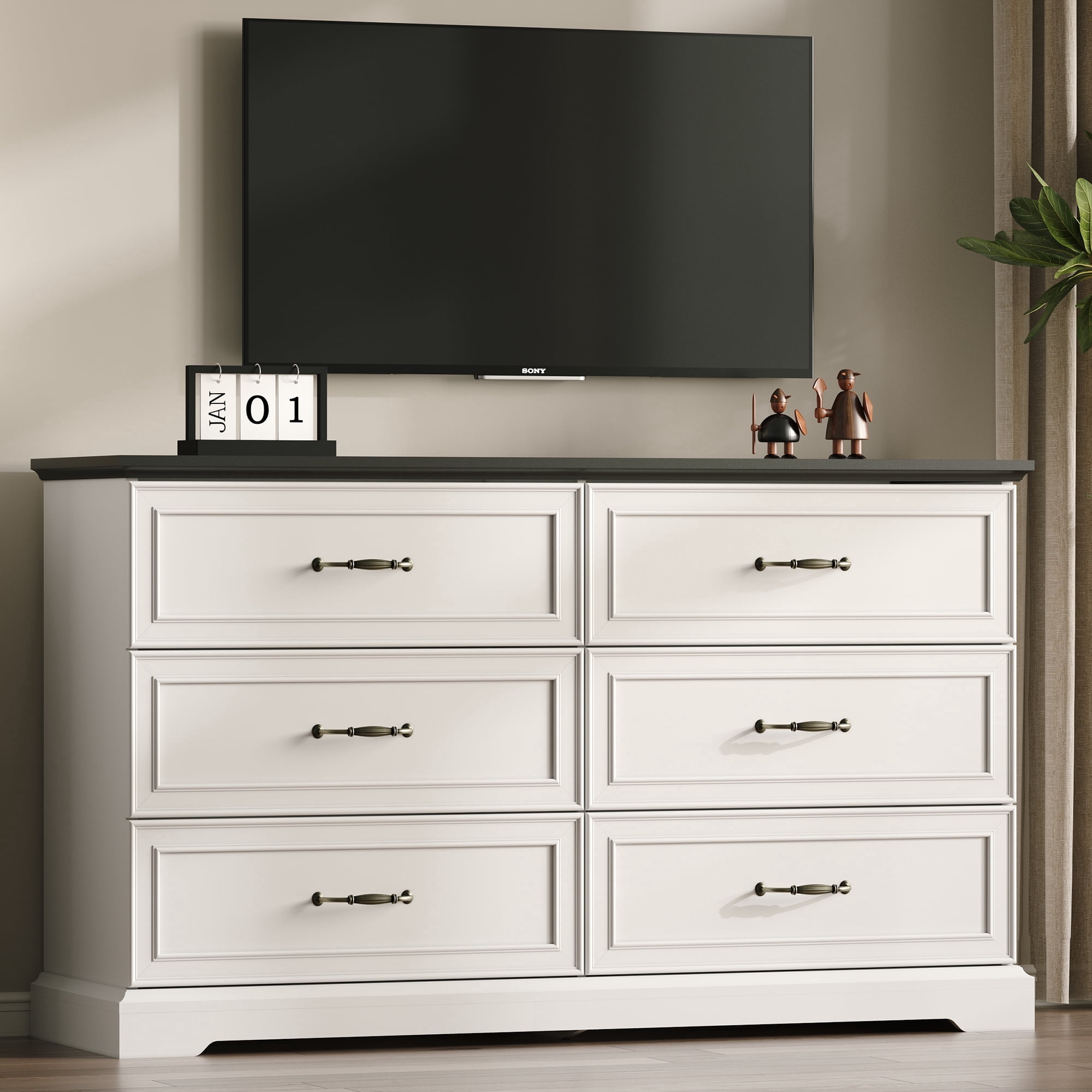 FANRAL 6 Drawers Dresser for Bedroom,Wood Rustic Storage Cabinet Chest of Drawers,Farmhouse Large Drawers with Metal Handles,White Dresser(Plus)