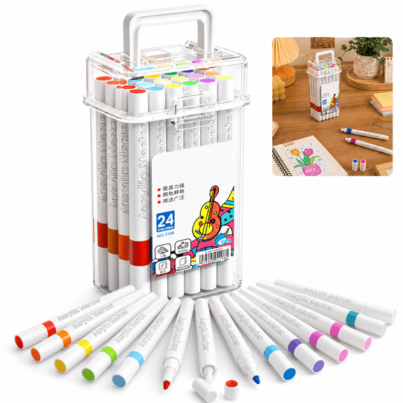 24 Color Acrylic Markers Set, Creative Design Paint Markers with Portable Storage Case, Art Marker Set for Rock Painting Cards Wood Canvas DIY Gifts