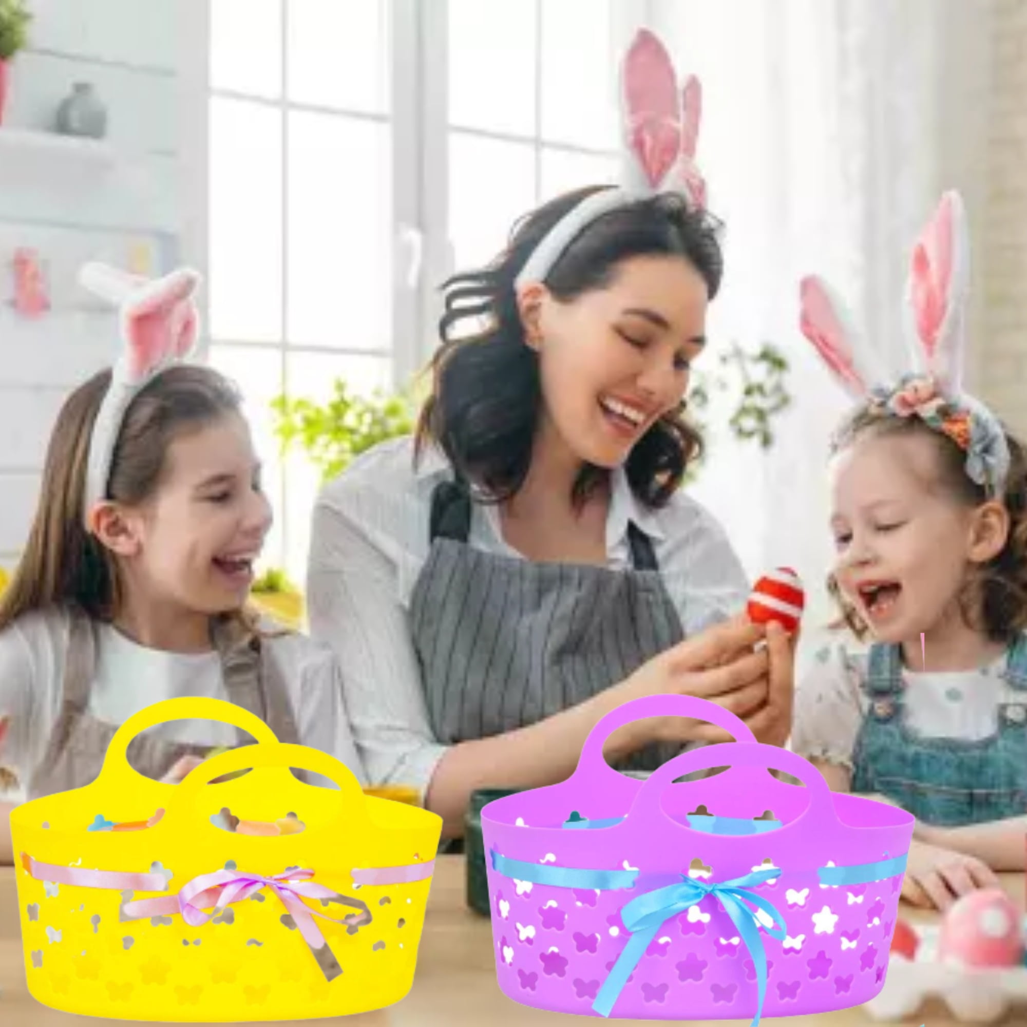 Oval Plastic Baskets with Ribbon Colorful Easter Baskets for Kids Easter Egg Hunt Pretend Play Grocery Bucket Home Table Decor Candy Gift Container Spring Holiday Party Favor  Set of 4