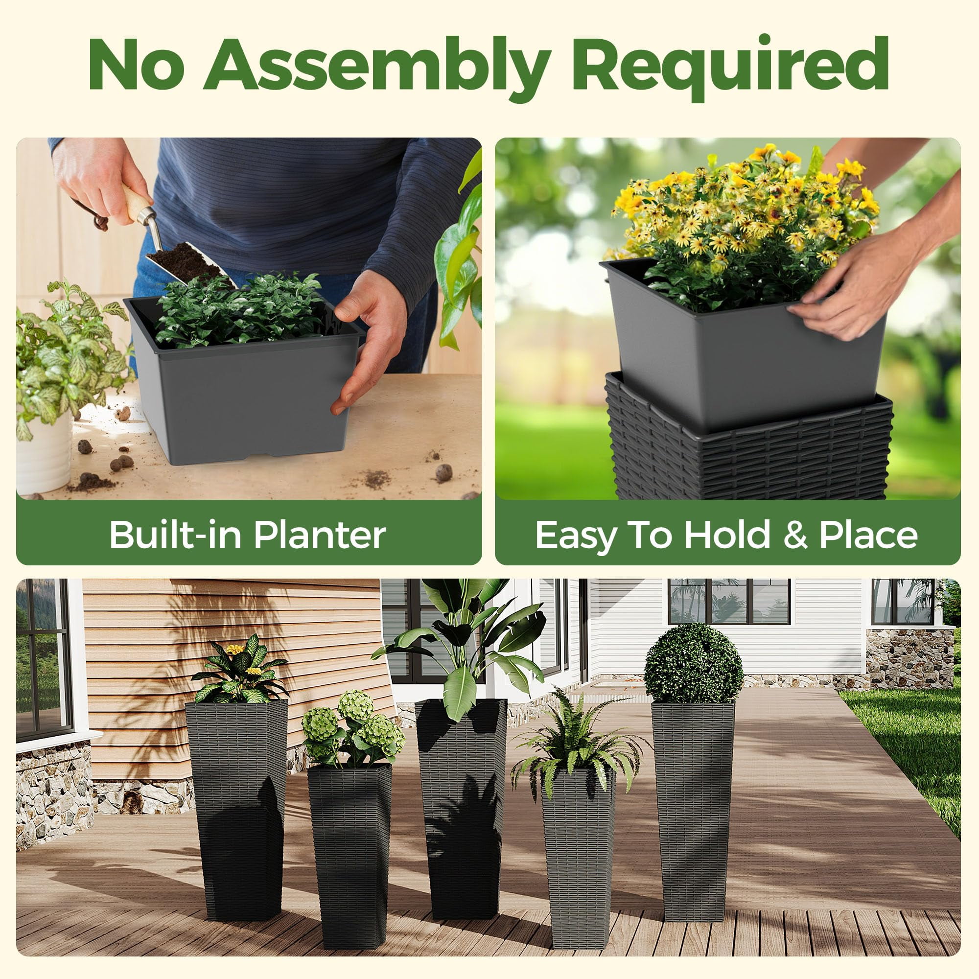 Tall Plastic Planters Set of 2,Large Rattan Tall Planter with 4 Drainage Holes,Indoor/Outdoor Decorative Flower Pots for Patio,Backyard, Home Garden（24 Inch+32 Inch）