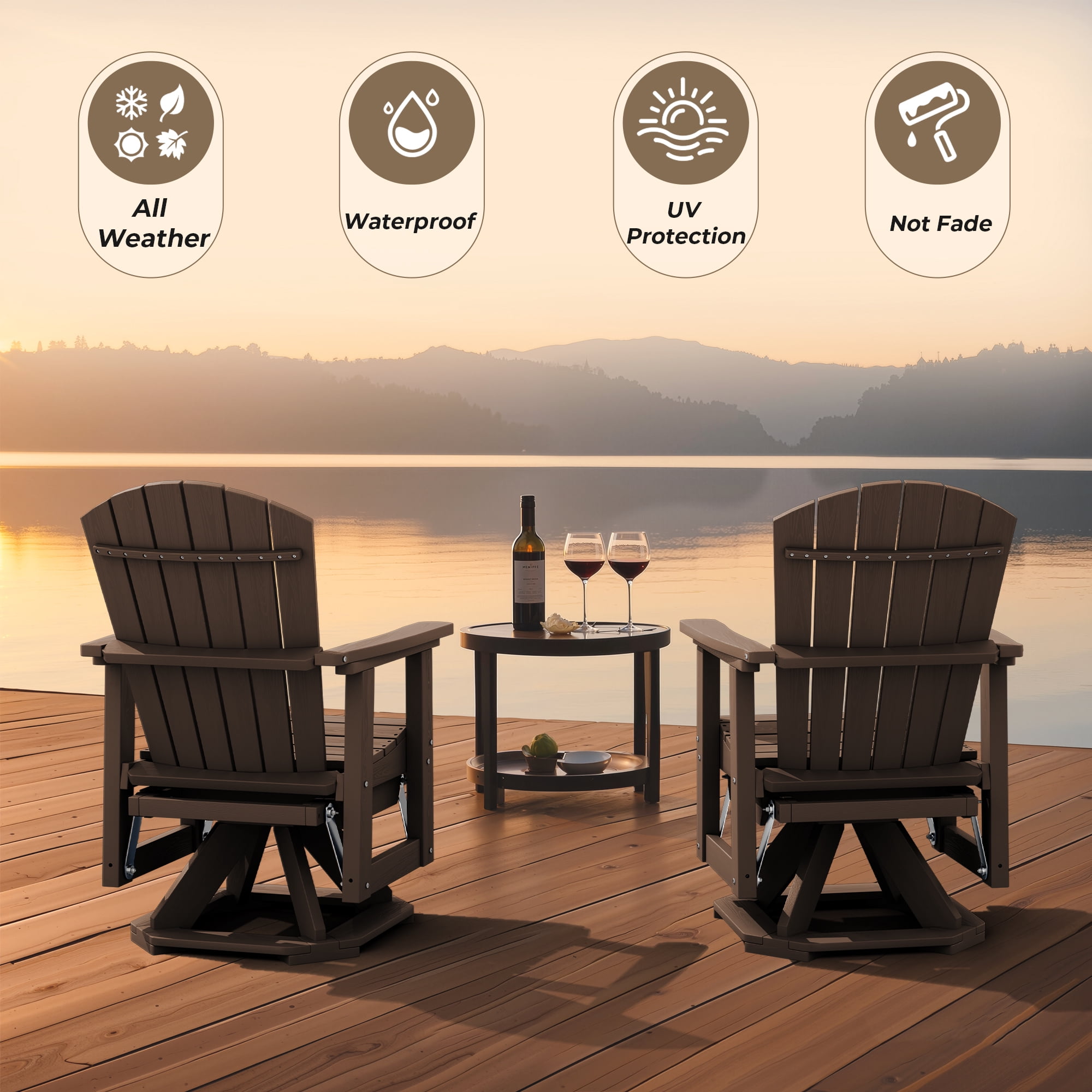 LOYALICE Adirondack Swivel Glider Chair, HDPE Resin Rocking Glider Chair, BrownWood