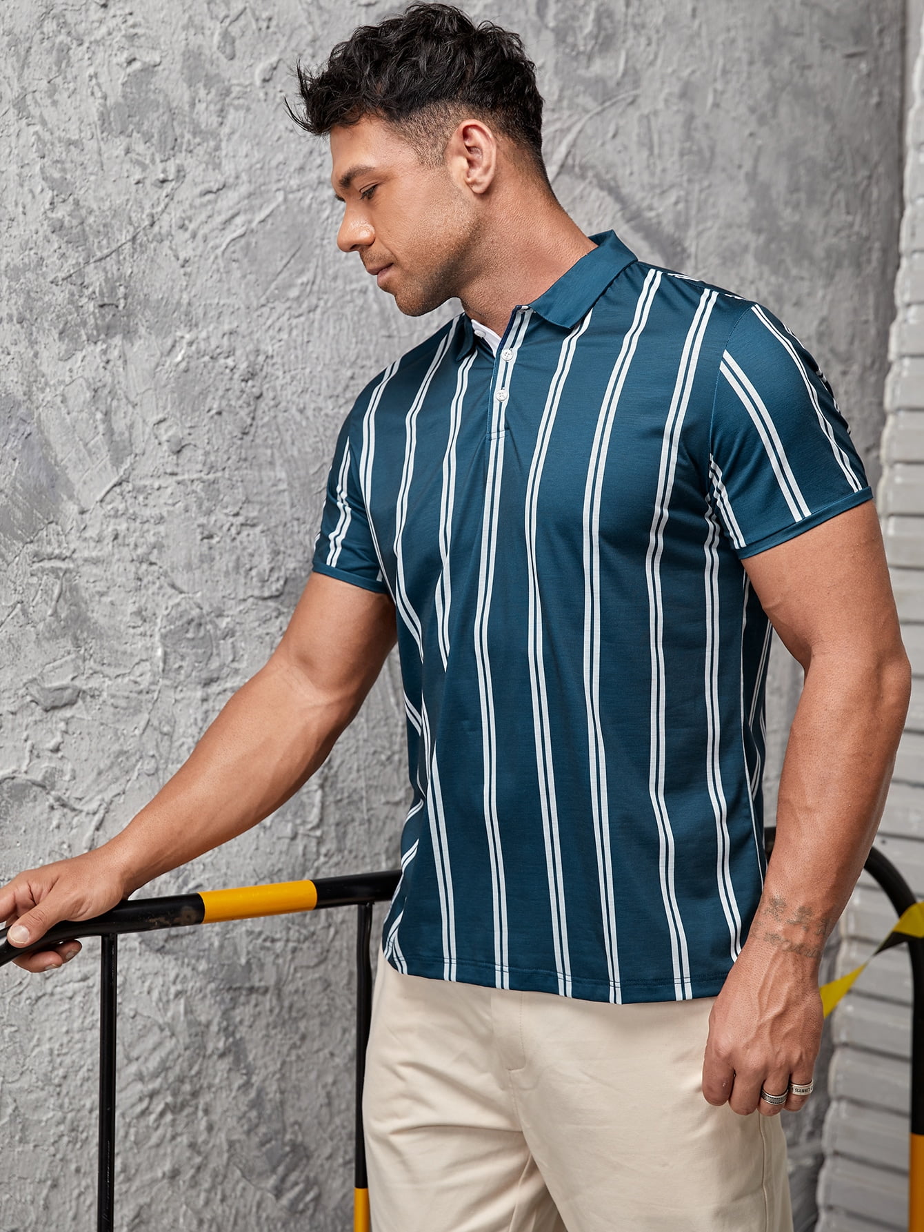 Men Vertical Stripe Polo Shirt 3XL 