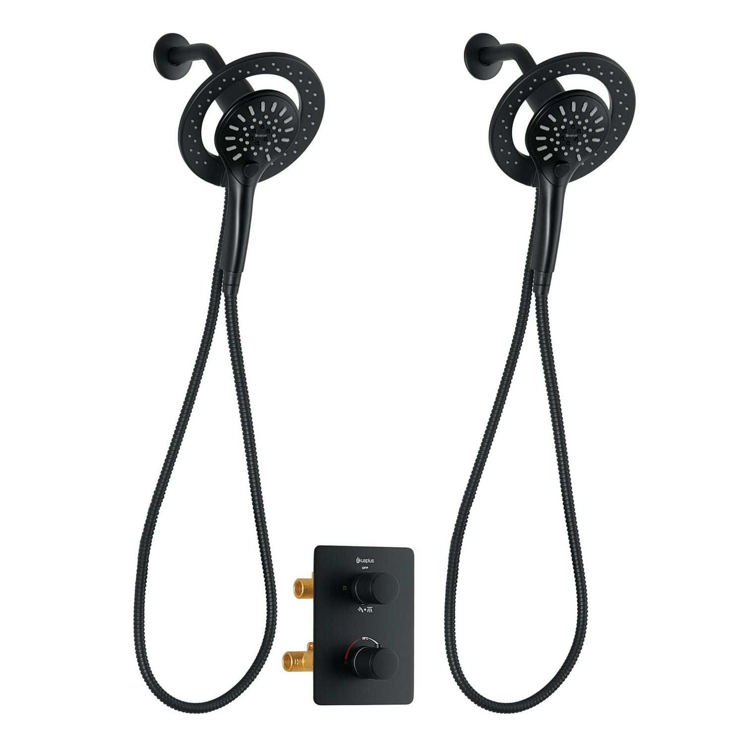 Valve thermostatique carrée avec déviateur à 4 voies d'Akuaplus®. 2 douchettes magnétiques, pouvant être utilisées simultanément. Douchette magnétique à 3 réglages avec bouton poussoir et pommeau de d