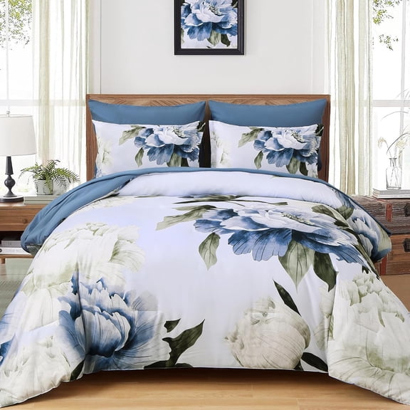Blue Queen Comforter Set 7 Piece Bed in a Bag Queen, Blue Floral Print on Light Blue Comforter Set with Sheets, Soft Microfiber Complete Bedding Set for All Season