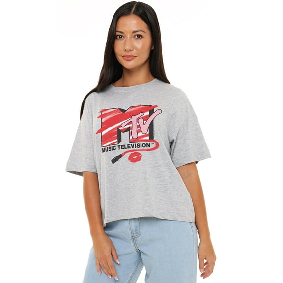 MTV Lipstick Filled Logo Women's Boxy Cropped T-Shirt Casual Graphic Tee