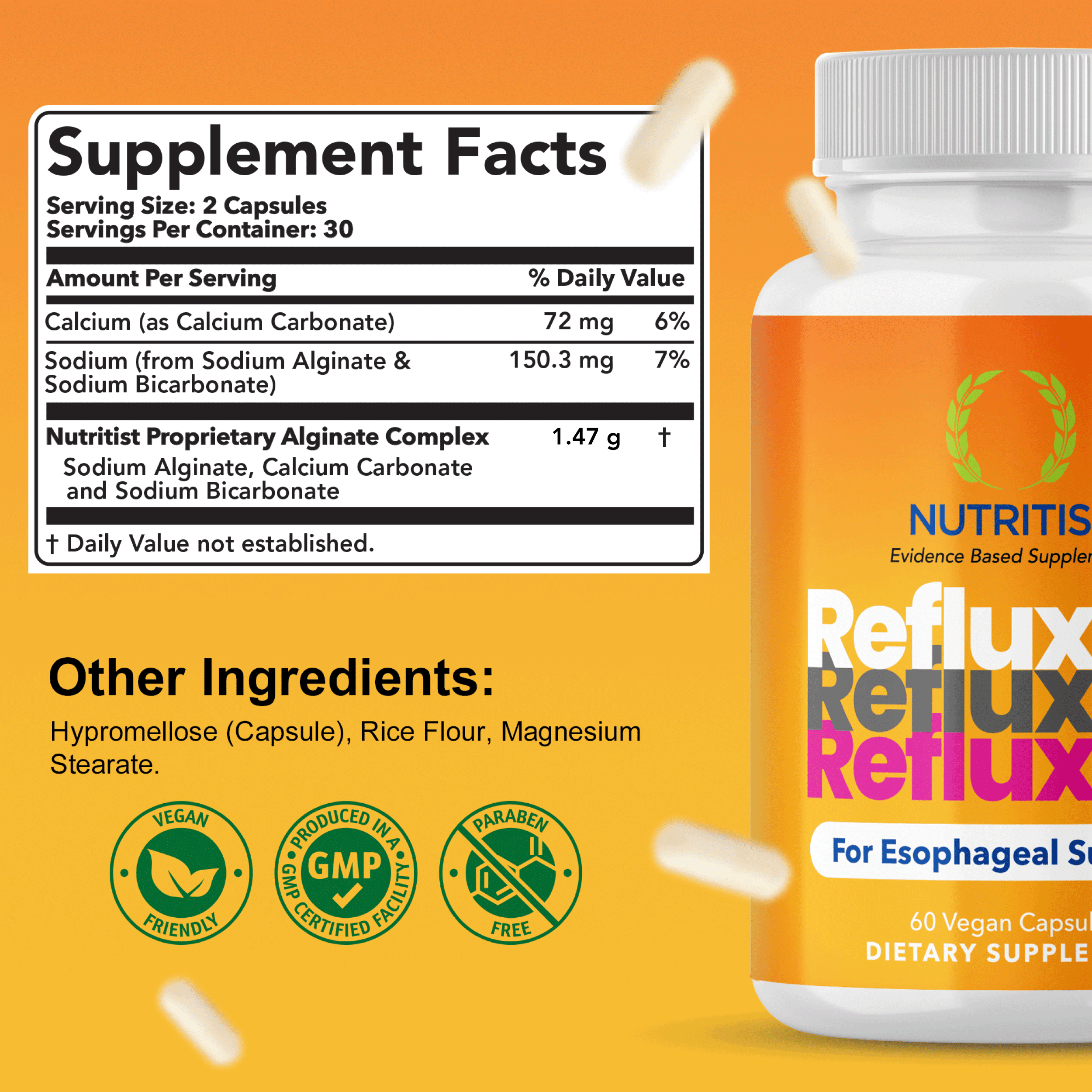 Nutritist Refluxter - Sodium Alginate Therapy for Acid Reflux, Heartburn, Gerd, Lpr, and Silent Reflux Relief. Zero Sugar and Preservatives. 60 Capsules.
