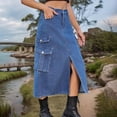thumbnail image 5 of Women'S Long Jean Skirts with Slit Elastic Waist Cargo Denim Maxi Skirt Blue L, 5 of 9
