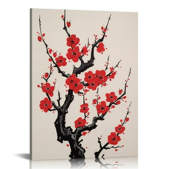 JRXY Canvas Wall Art Red Cherry Blossoms Black Framed Canvas Print Artwork Watercolor Modern Wall Art Paintings for Living Room Kids Room Bedroom Bathroom Modern Home Decor (Aluminum Frame) 12x16 in