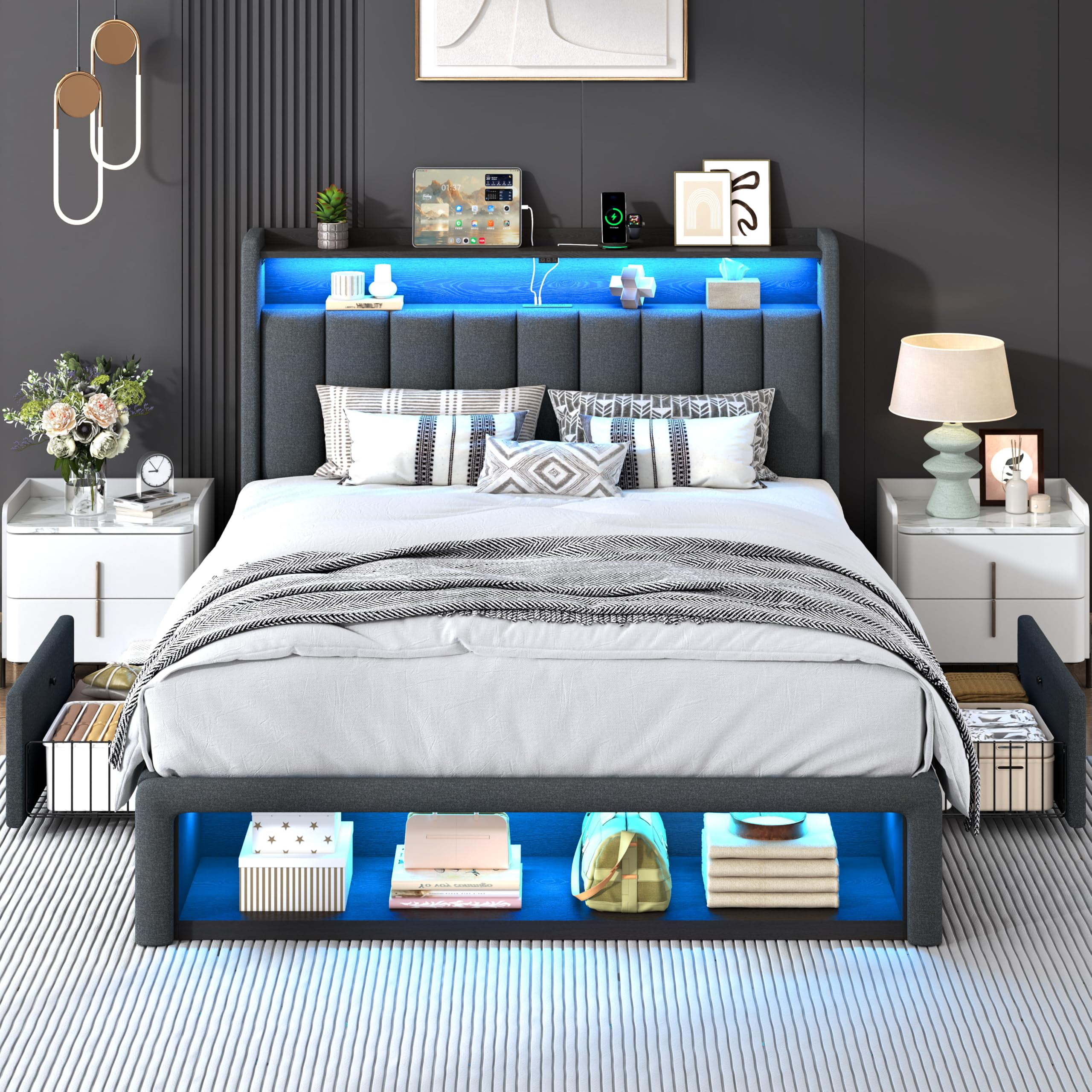 ChicZhiNest Queen Size LED Bed Frame with Fluted Upholstered Headboard, Charging Station, Linen Storage Platform Bed with 2 Drawers and Cabinet, Dark Grey
