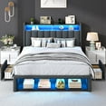 thumbnail image 4 of ChicZhiNest Queen Size LED Bed Frame with Fluted Upholstered Headboard, Charging Station, Linen Storage Platform Bed with 2 Drawers and Cabinet, Dark Grey, 4 of 9