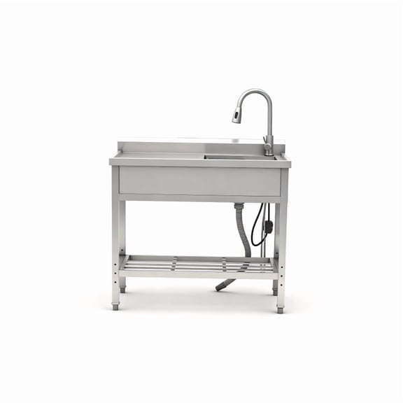 39” Freestanding Stainless Steel Utility Sink (2 Compartment – Black/Silver Contrast, Pull-Out Faucet, Bottom Grille Storage, Silver)