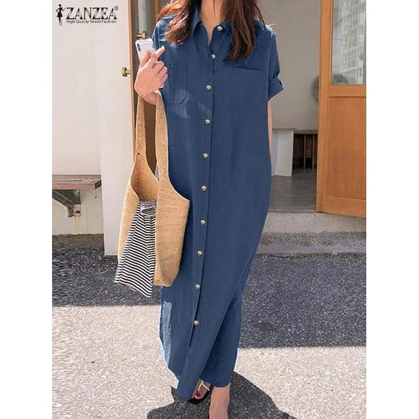 ZANZEA Lapel Neck Half Sleeve Button Dress Oversized Women Elegant Vestido Female Fashion Causal Elegant Sundress Long Robe 20235XL Gao Jinjia LED