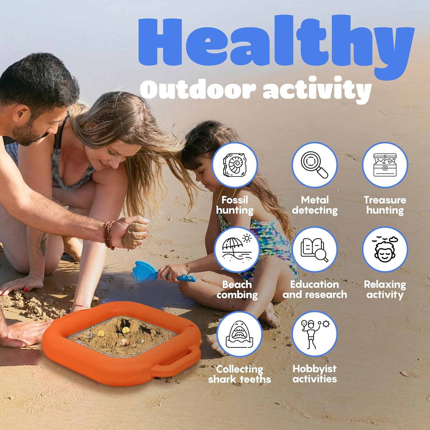 CKG Floating Shark Tooth Sifter for Fossil Hunting and Shark Teeth, Sand Sifter for The Beach with Stainless Steel Mesh & Durable Plastic and Wrist Strap, Orange Color