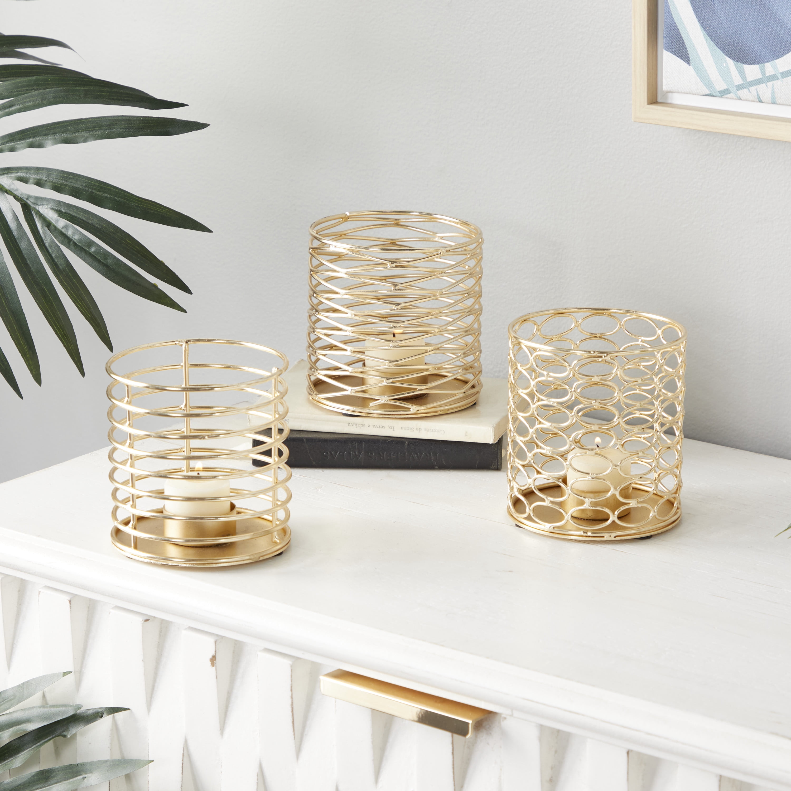 DecMode 4 in W, 4 in H Iron Glam Candle Holders, Gold, 3-Piece