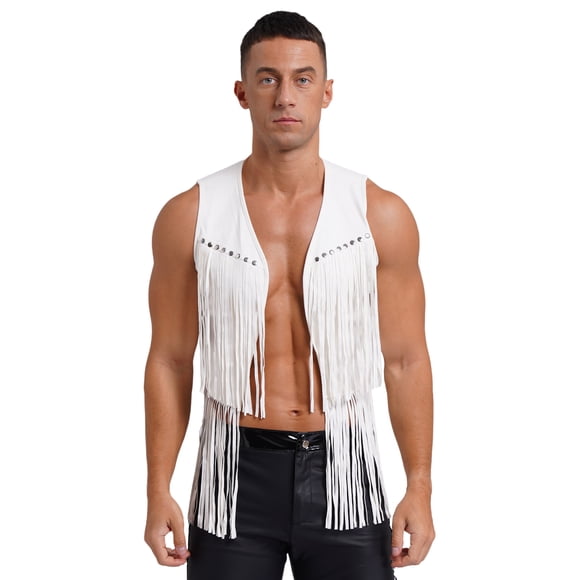 YiZYiF Men Fringe Vest Western Cowboy Costume Sleeveless Tassel Jacket Faux Suede 70s Hippie Cardigan White XL