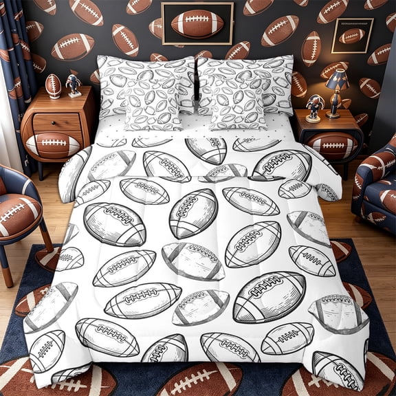 Castle Fairy Football Print Twin Bedding 7-Piece, Sport Theme Bedding Comforter Set, White Black