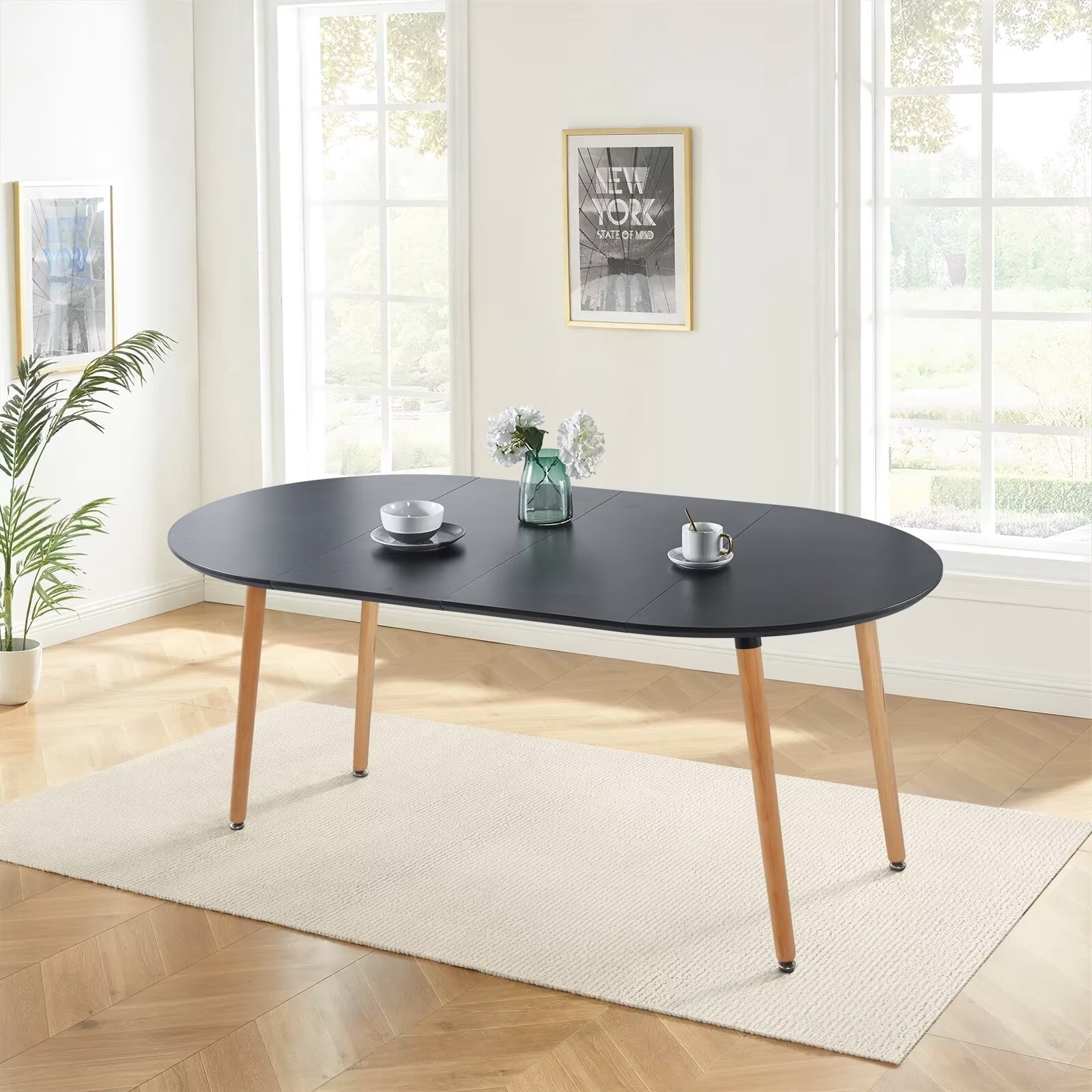 Extendable Round Dining Table, 39"-70.8" Black Farmhouse Kitchen Table with Leaf, Oval Dining Table for 4-8 People, Sturdy Mid-Century Modern Home Table