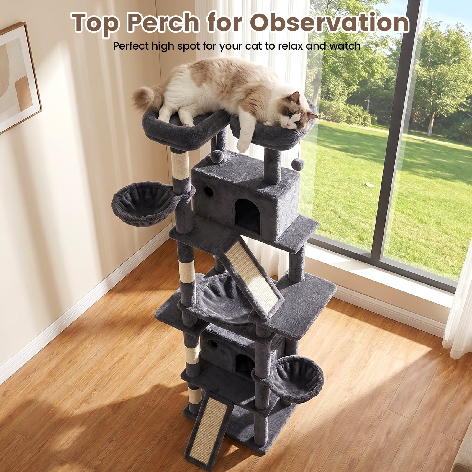 CATGOOD 81" Cat Tower, Big Cat Tree for Multiple Adult Cats, Multi-Level Tall Cat Tree with 2 Platforms, 2 Condos, 2 Hanging Basket, Hammock and Scratching Post for Indoor Kitties, Light Grey