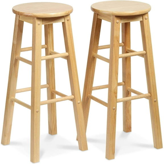 YJETYH 29 Inch Tall Classic Round Seat Kitchen Counter Bar Stools 2 Pack with 4 Square Legs for Homes, Dining Spaces, and Bars, Natural